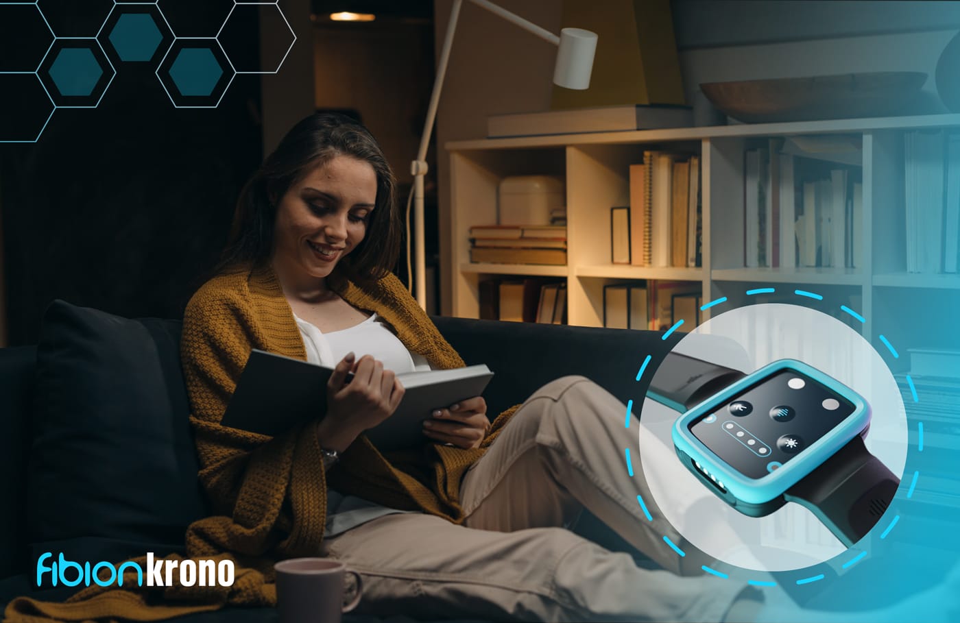 A woman sits on a couch, absorbed in her book, while wearing the sleek Fibion Krono smartwatch. Bookshelves form the cozy backdrop. An enlarged image of the Fibion Krono showcases its elegant design on the right.