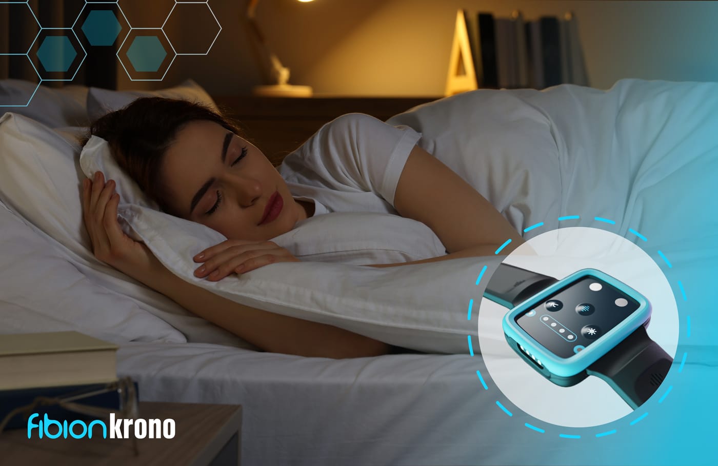 A person sleeps peacefully in bed. An image of a Fibion Krono wrist wearable device with a blue screen overlay is displayed, suggesting the use of sleep tracking technology.