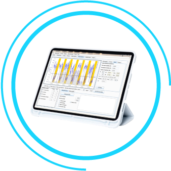 The Fibion Krono tablet elegantly displays data analysis charts on its screen, featuring a sleek white frame and a sturdy stand.