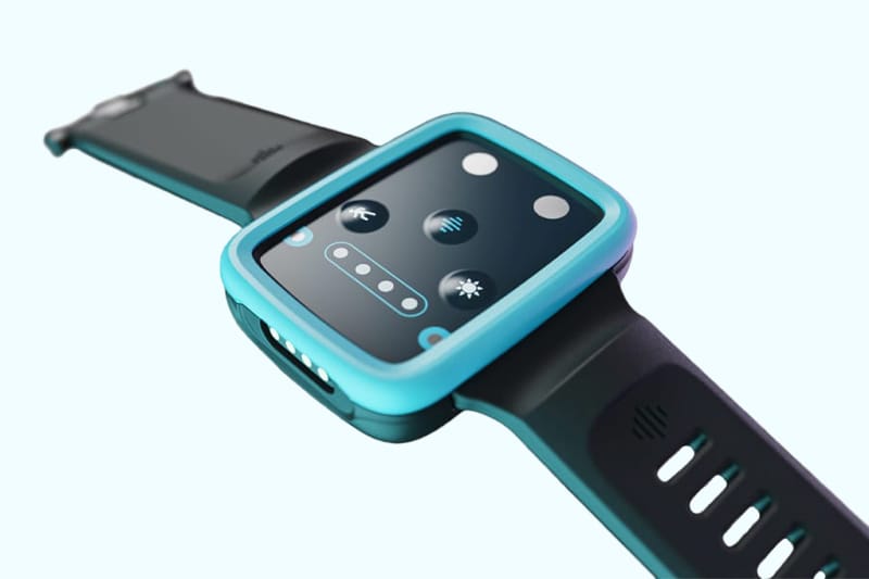 The Fibion Krono teal smartwatch, featuring a protective case and black adjustable strap, is elegantly displayed at an angle against a light background.