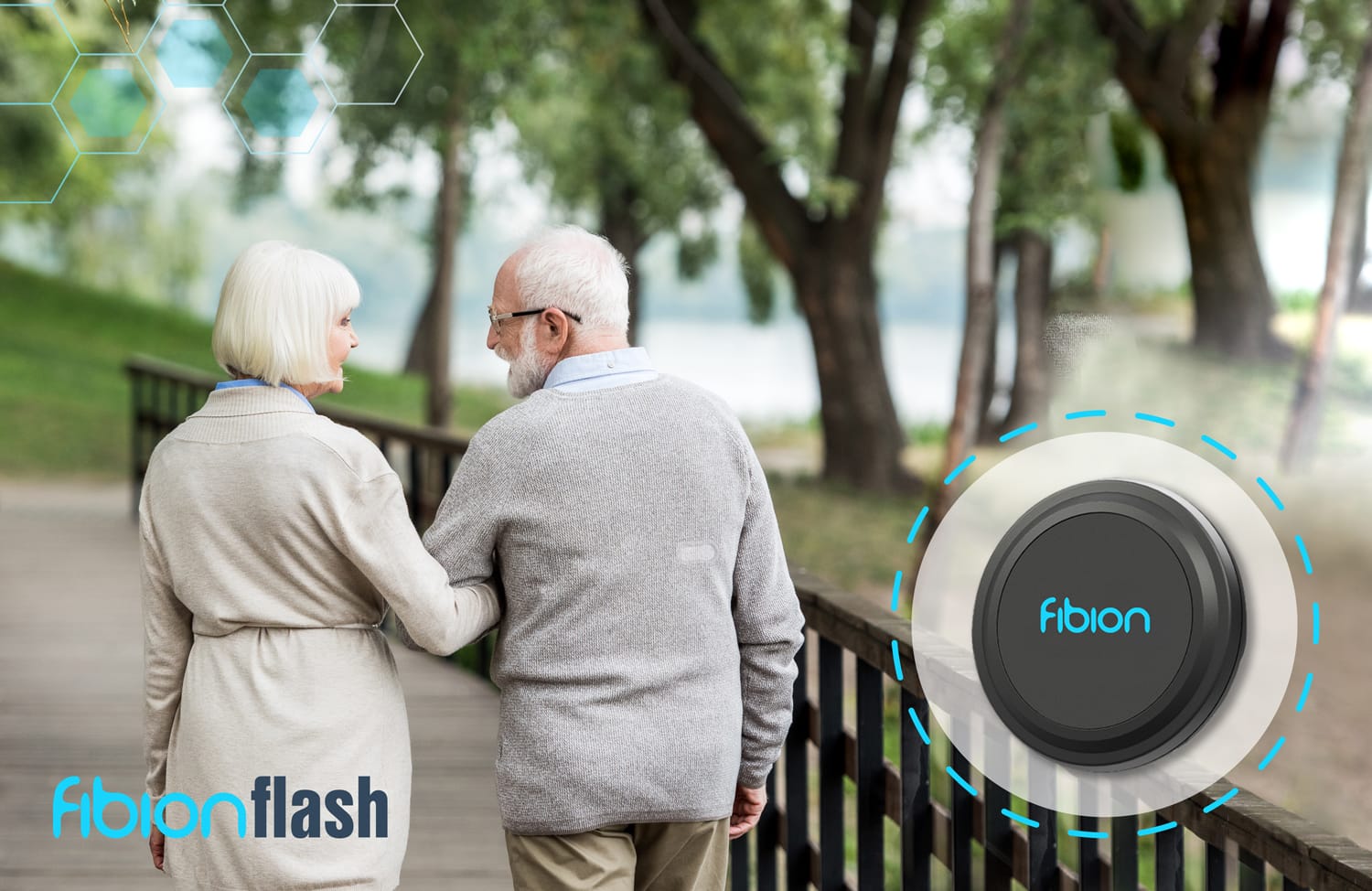 An elderly couple walks arm in arm on a wooden pathway in a park, while a circular device labeled "fibion" is shown on the right. Featuring advanced 3-Axis Accelerometers, the "fibion flash" captures every gentle movement with precision on the bottom left.