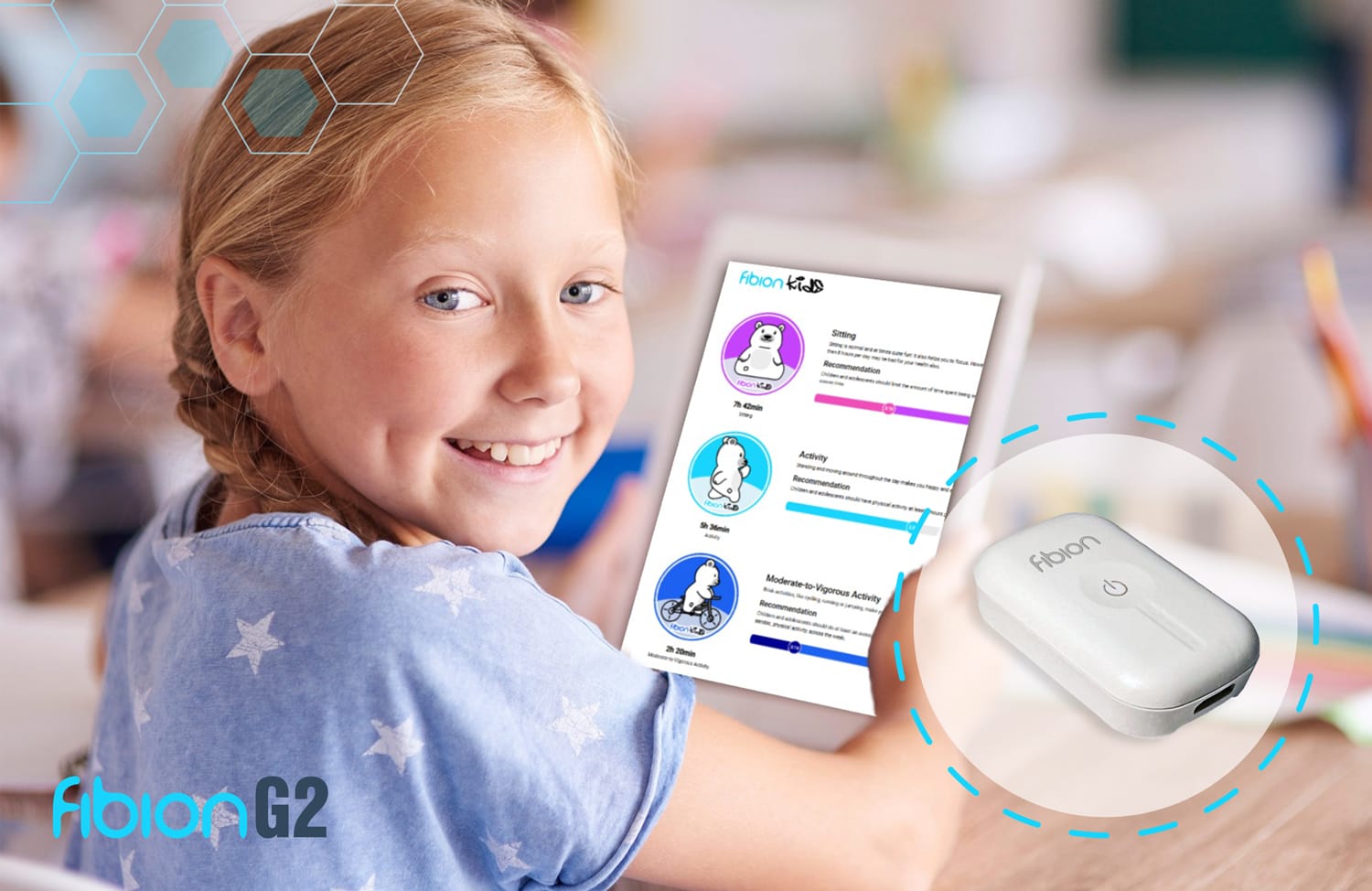 A child smiling and holding a tablet displaying a pediatric health app interface. An activity tracker with a power button is shown to the right. Branding is visible in the foreground, emphasizing the connection to children's wellness.