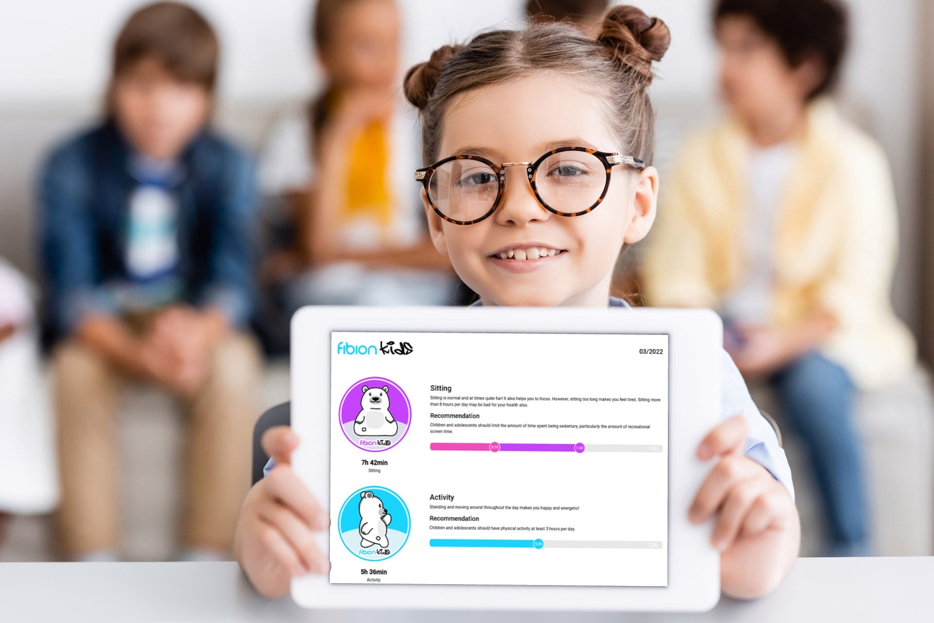 A child holds a tablet featuring a sitting and activity recommendation chart from the Fibion Kids program, designed to help schools in measuring physical activity. Other children are blurred in the background, bringing focus to this innovative Researcher's Guide.