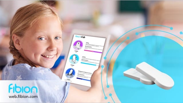 A child with a chronic illness holds a tablet showcasing health-related graphics, alongside two white electronic devices on a calming blue circular background. The logo and URL "fibion" are subtly featured in the image, hinting at its role as a researcher's guide to physical activity.